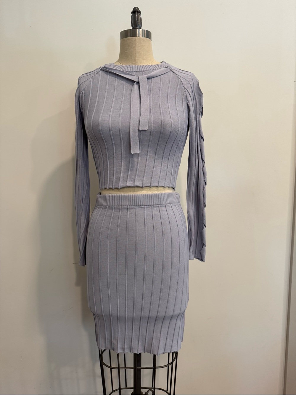 Light Blue Rib-Knit Crop Top (L) & Skirt (M) Set